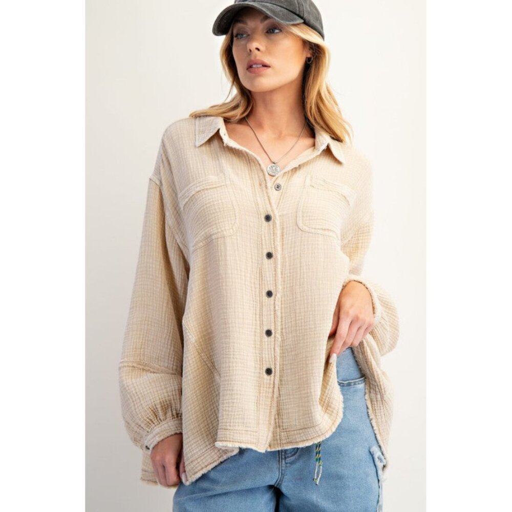 easel Sz. M Oatmeal Button Down Washed Cotton Gauze Shirt